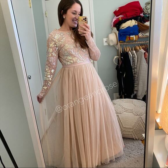 Needle & Thread Blush Pink Sequin Long Sleeve mesh Open Back Tulle Maxi Gown 6 - Picture 15 of 16